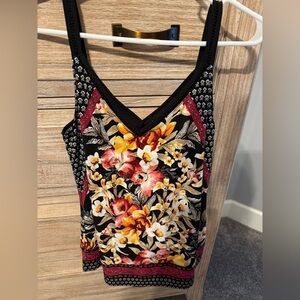 White House Black Market Black Floral V-Neck Camisole with Yellow & Pink Blooms
